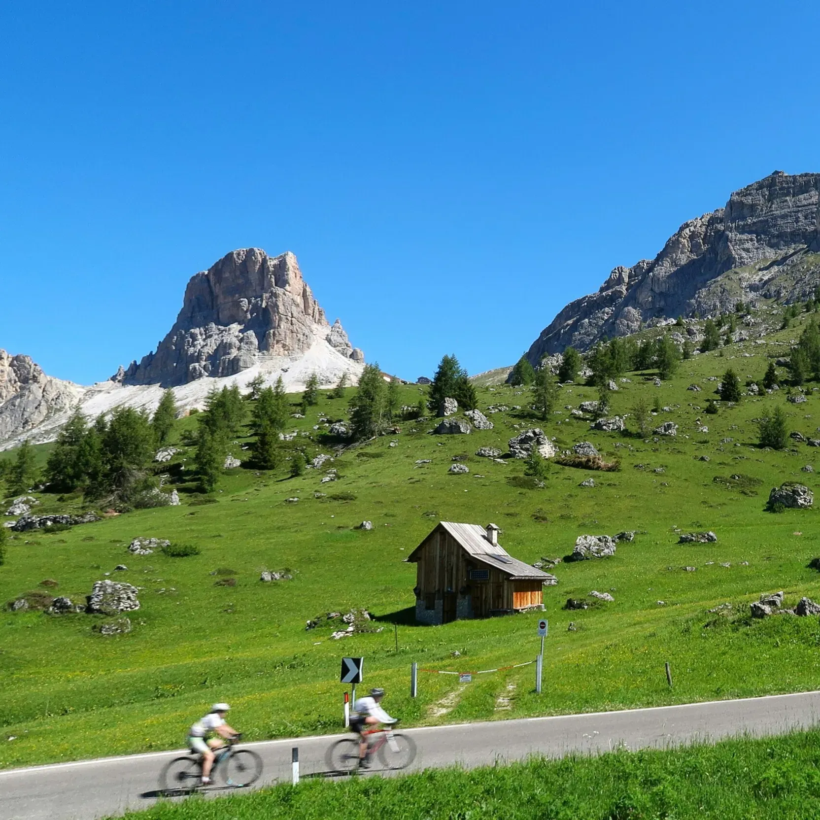 Two cyclists climbing a mountain pass in the Dolomites, with a green meadow, a hayloft, and a snow-capped mountain in the background.