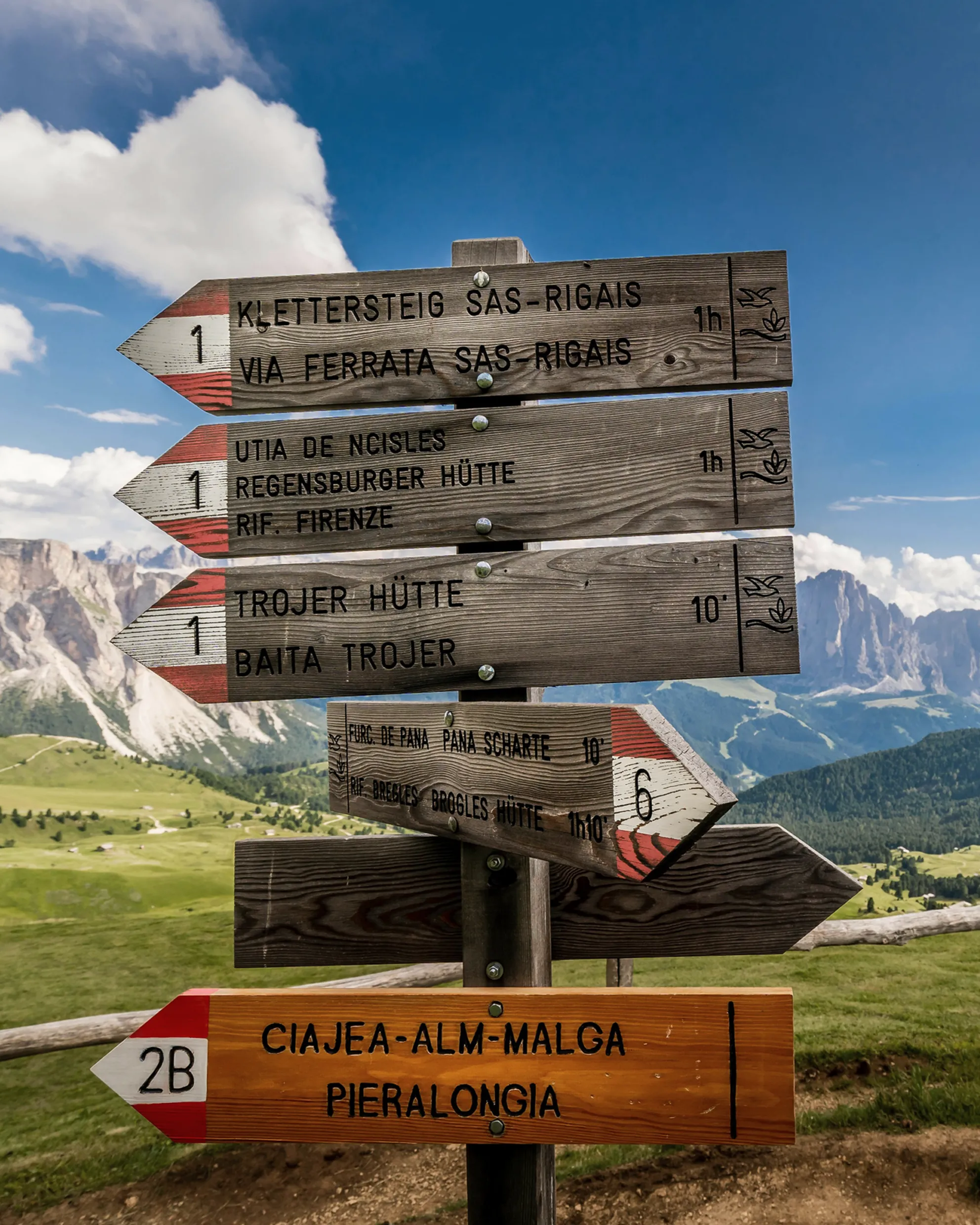 Wooden signposts in Val Gardena pointing to trails toward Rifugio Firenze and Baita Trojer, on a green meadow, with a mountain range in the background.