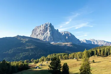 Scenic view of the Dolomites in South Tyrol, Italy, featuring the iconic Sella Group massif.