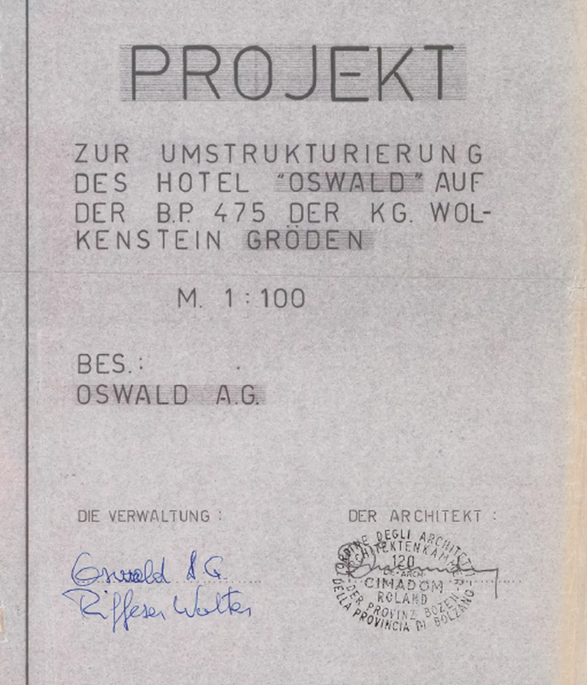 Project plan for the renovation of Hotel Oswald presented in the 1980s.