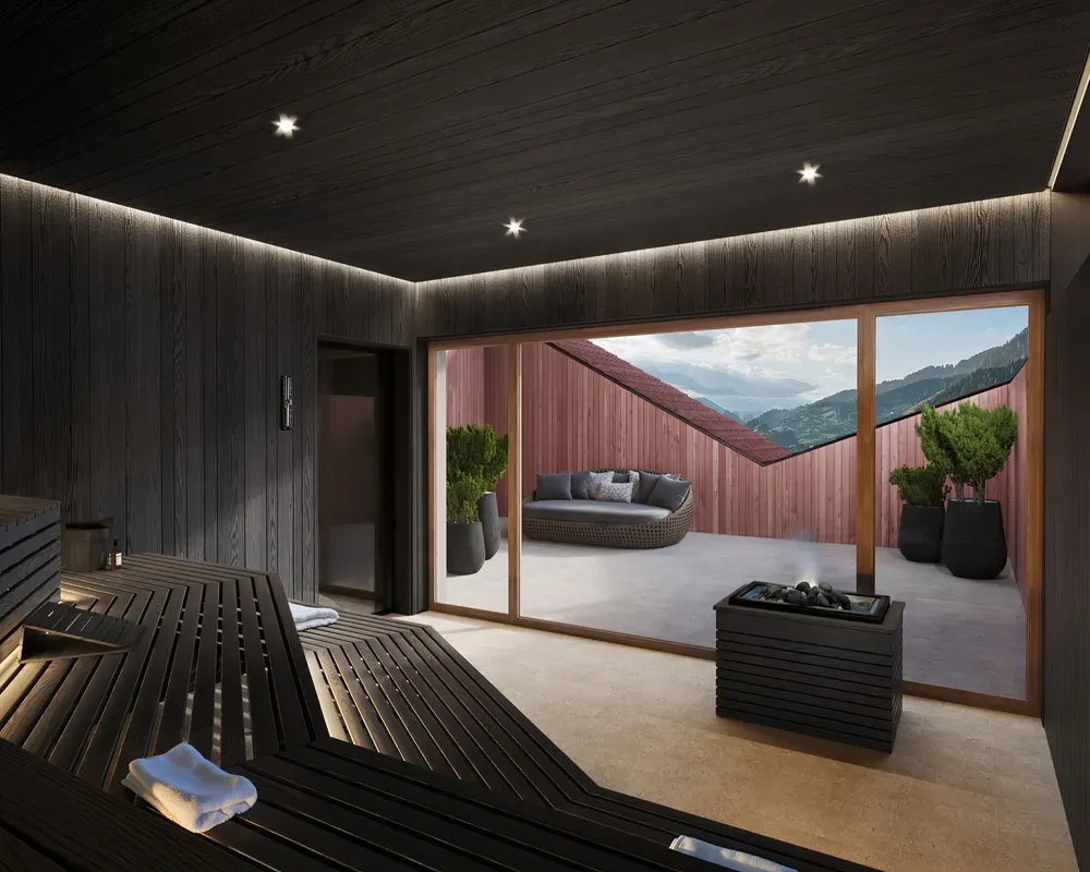 Interior of a wooden Finnish sauna overlooking the Dolomites, with glowing embers and an outdoor terrace visible through the windows.
